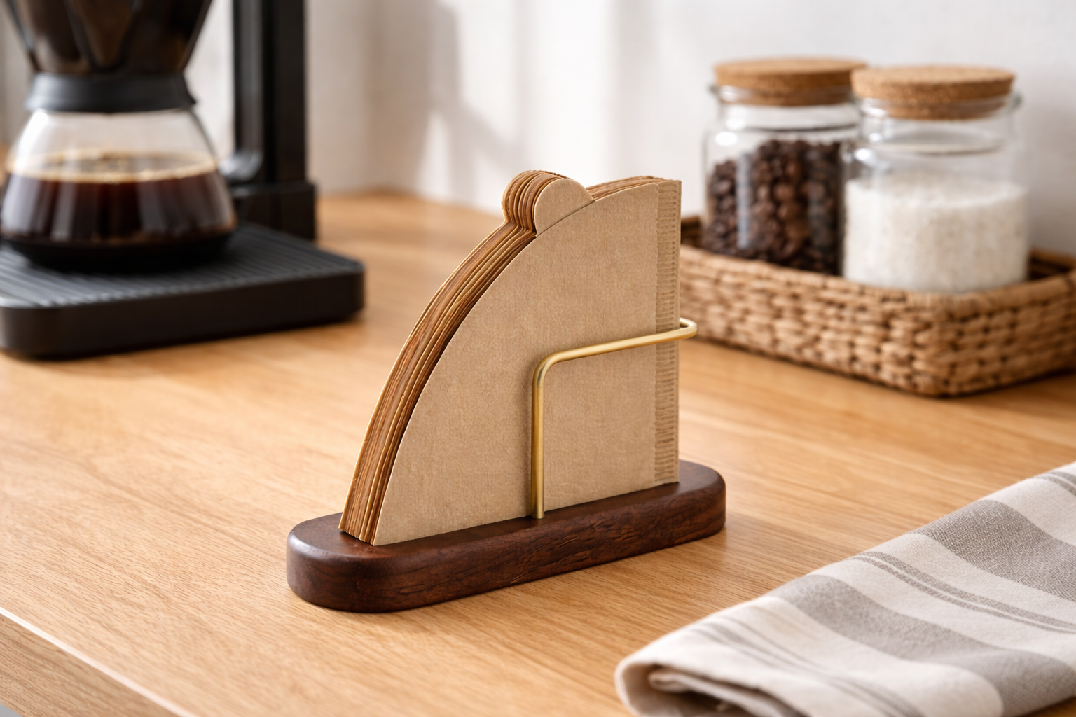 Wooden Coffee Filter Paper Holder, Portable Filter Paper Storage Rack for Table - Single Metal Holder