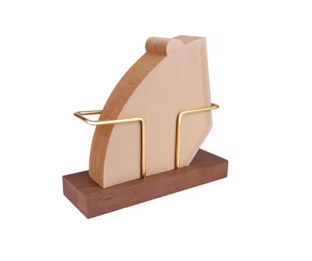 Wooden Coffee Filter Paper Holder, Portable Filter Paper Storage Stand for Table - Double Metal Holder