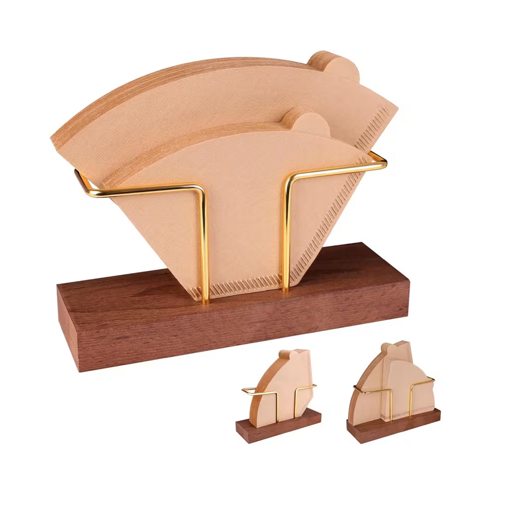 Wooden Coffee Filter Paper Holder, Portable Filter Paper Storage Stand for Table - Double Metal Holder