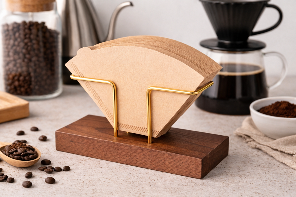 Wooden Coffee Filter Paper Holder, Portable Filter Paper Storage Stand for Table - Double Metal Holder