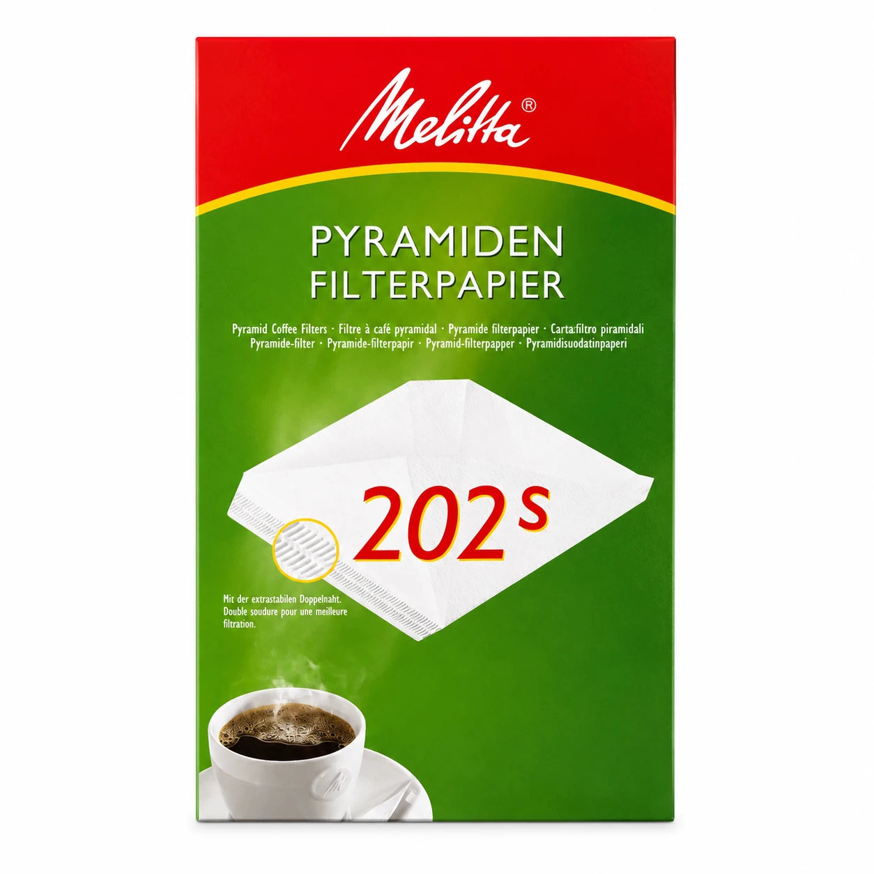 Melitta Pyramid 202S kaffefiltre i hvid filterpapir, pakke med 100 stk. til professionelle kaffemaskiner med ekstra stærk dobbelt søm