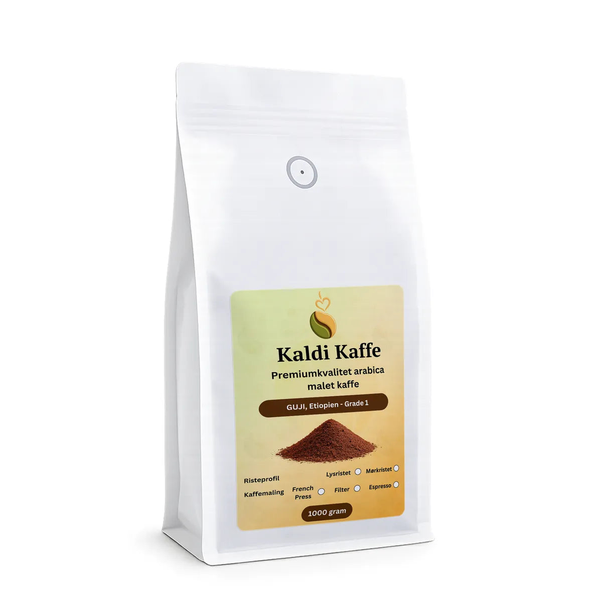 Kaldi Kaffe friskristet vasket etiopisk Guji Grade 1 Arabica single origin specialkaffe, formalet kaffe fra Etiopien, 1 kg