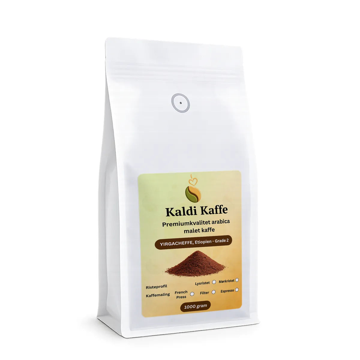Kaldi Kaffe friskristet vasket etiopisk Yirgacheffe Grade 2 Arabica single origin specialkaffe, formalet kaffe fra Etiopien, 1 kg