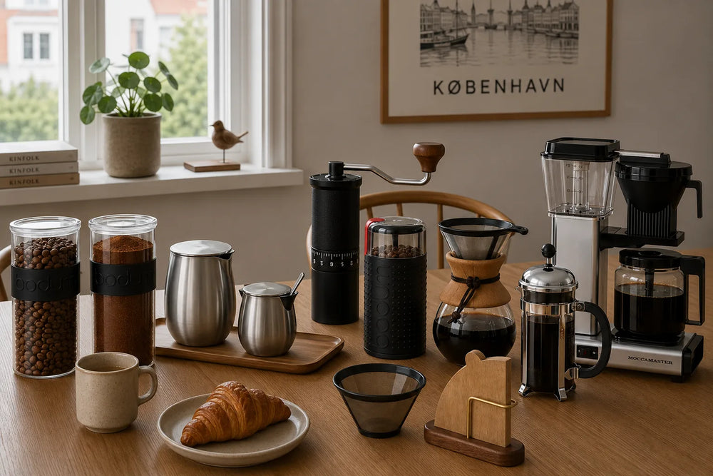 Kollektion af kaffeudstyr fra Kaldi Kaffe med Bodum opbevaringsglas til kaffebønner og kaffe, Bodum elektrisk kaffekværn, manuel kaffekværn, Moccamaster kaffemaskine, Chemex kaffebrygger, stål sukker- og flødesæt, stempelkande, permanent kaffefilter og filterholder på et skandinavisk træbord.