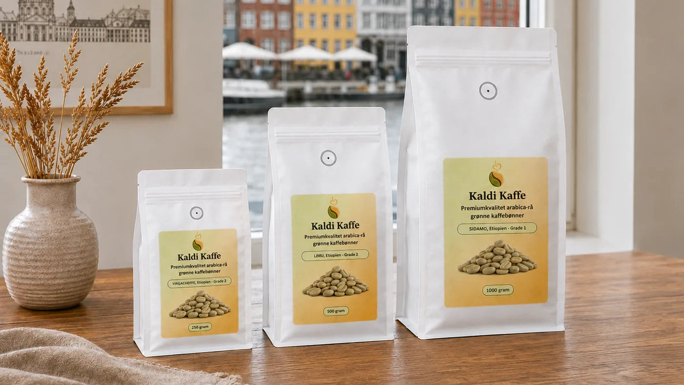 Kaldi Kaffe premium grønne kaffebønner fra Etiopien – single origin 100% Arabica specialkaffe i 250 g, 500 g og 1000 g emballage.