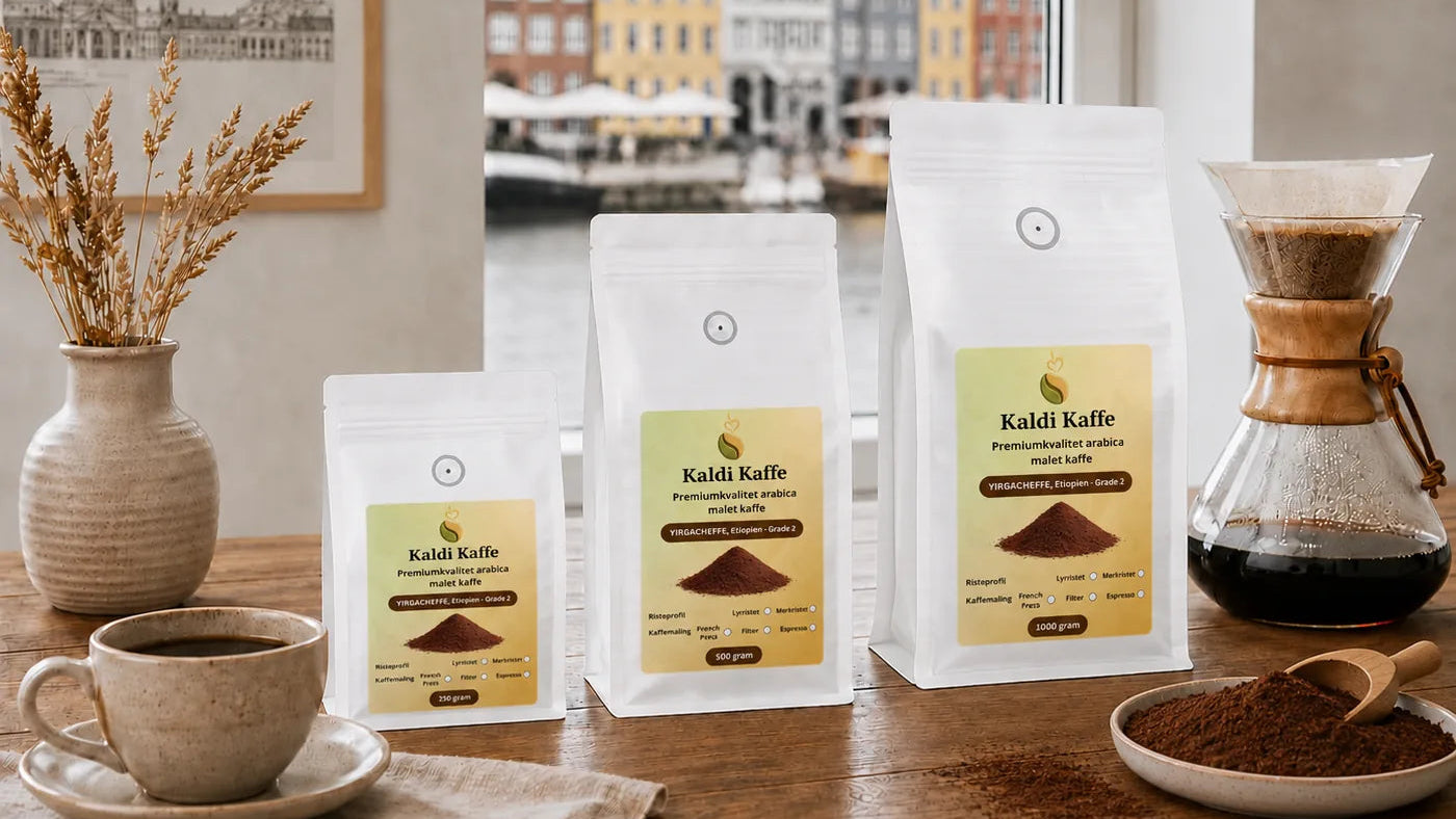 Kaldi Kaffe formalet arabica kaffe fra Etiopien Yirgacheffe i 250g, 500g og 1000g poser med håndbrygget filterkaffe foran Nyhavn i København.