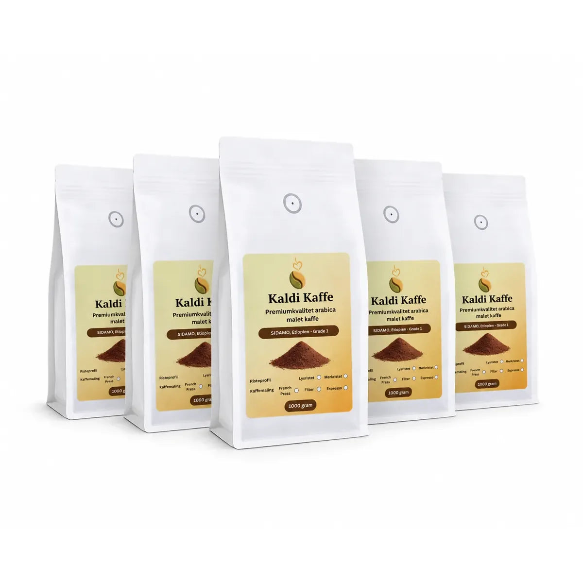 Kaldi Kaffe Sidamo Etiopien Grade 1 single origin naturligt tørret malet arabica kaffe 5 kg pakke med fem poser á 1 kg premium kaffe.