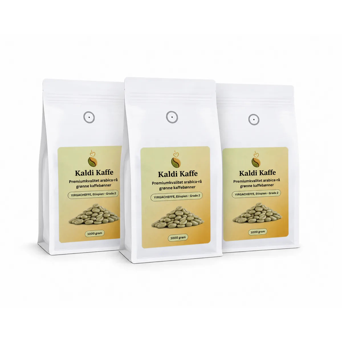 Kaldi Kaffe Yirgacheffe Etiopien Grade 2 single origin grønne specielle arabica kaffebønner 3 kg pakke med tre poser á 1kg rå kaffebønner.